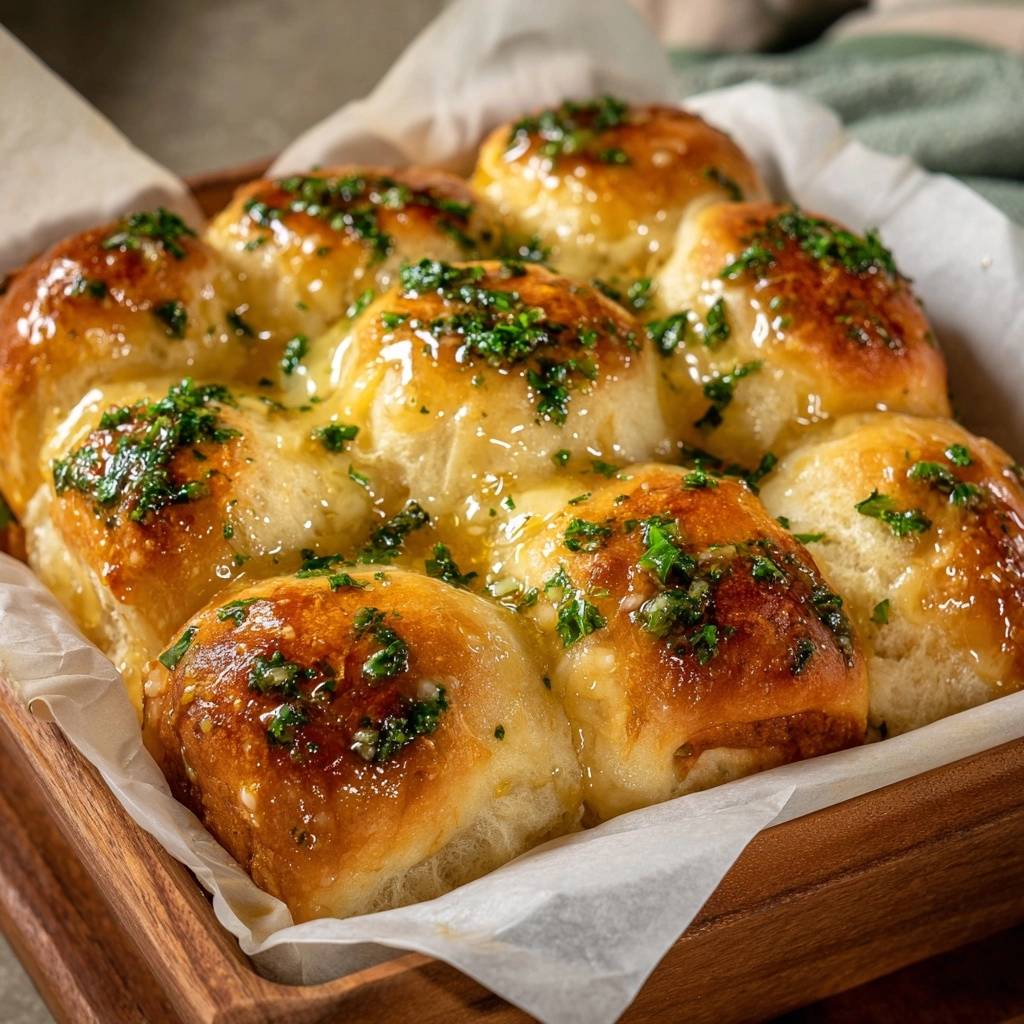 Garlic parsley butter pull-apart rolls glistening with butter and topped with fresh herbs, presented in a wooden dish.