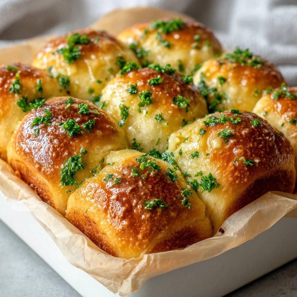 Garlic parsley butter pull-apart rolls, golden brown and freshly baked in a white dish, topped with fresh parsley.
