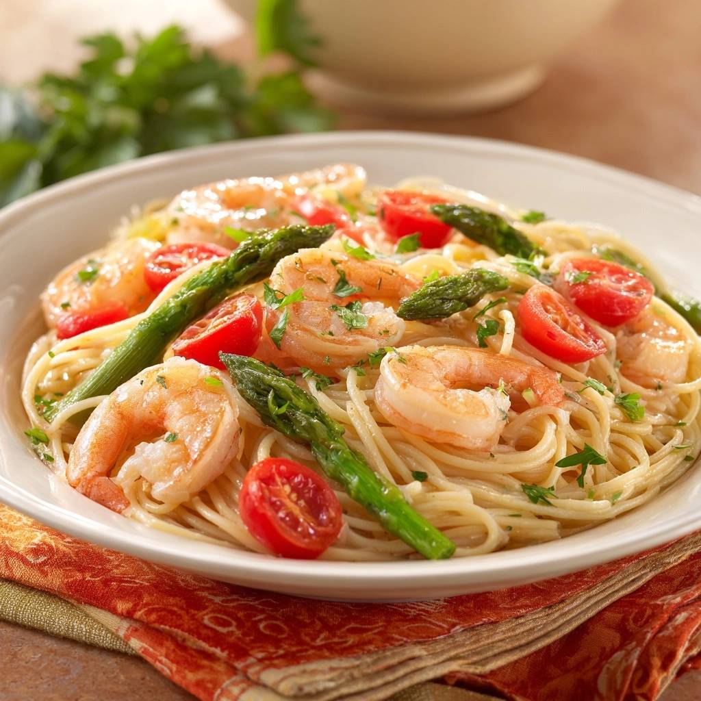 Garlic shrimp asparagus pasta featuring tender shrimp and bright asparagus spears, presented in a close-up plated view.