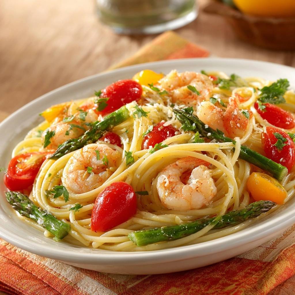 Garlic shrimp asparagus pasta served on a white plate, showcasing tender shrimp and vibrant vegetables.