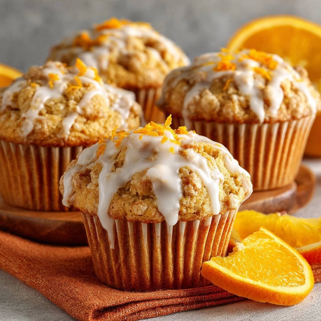 Glazed orange crumb muffins with streusel that stays put, shown in a close-up with white glaze drizzled over the tops and orange zest garnish.
