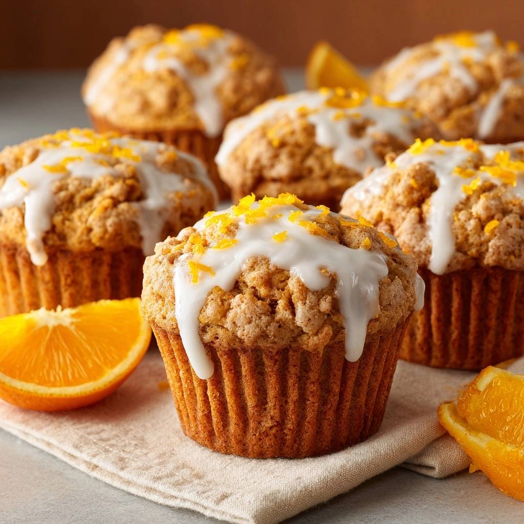 Glazed Orange Crumb Muffins with Streusel That Stays Put, a close-up showing the streusel topping and dripping glaze.