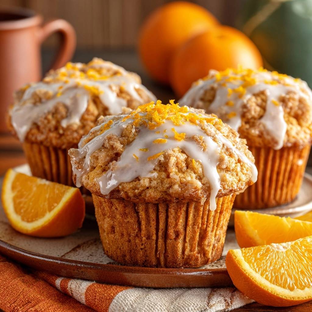 Glazed orange muffins showcasing a moist crumb topping and drizzles of white glaze, garnished with orange zest.