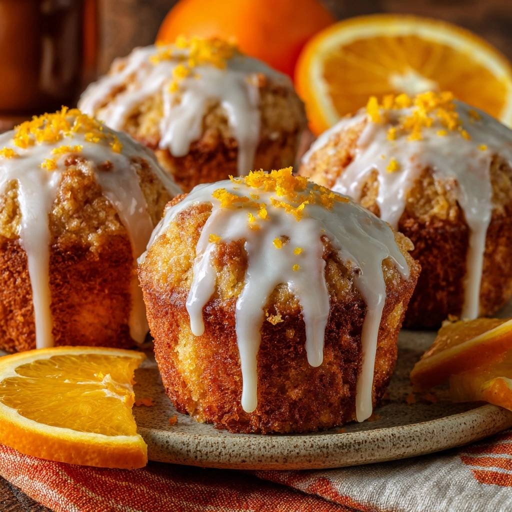 Glazed orange muffins with a close-up view of the drizzled white glaze and orange zest topping.