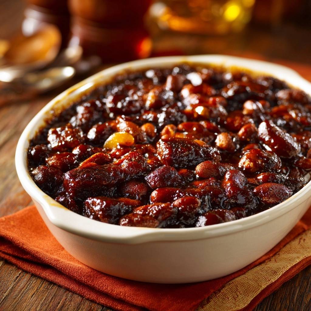 Glazed peanut baked beans shown in a white dish, with a close-up view of the sticky, rich texture.