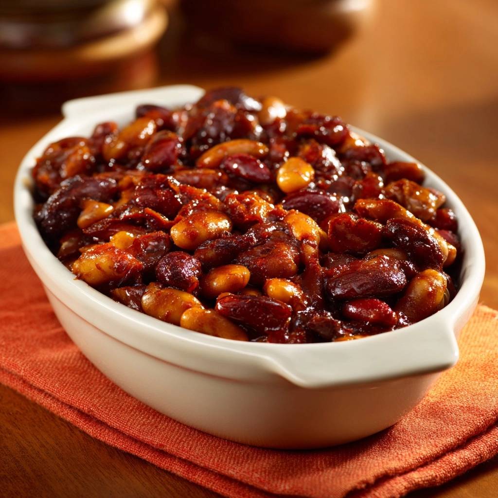 Glazed peanut baked beans shown in a white oval dish, highlighting the thick, sticky mixture and varied bean textures.