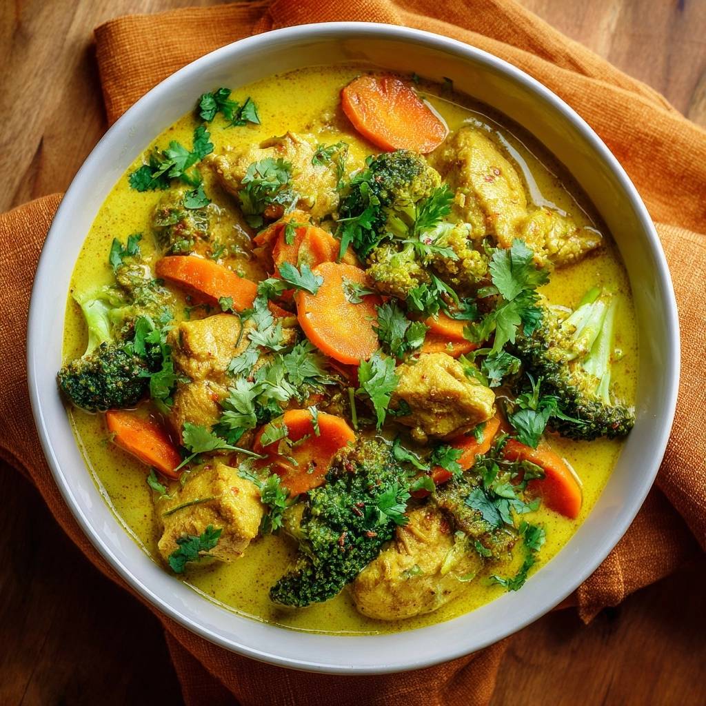 Golden chicken meatball yellow curry served in a white bowl, showcasing chicken, broccoli, and carrots from an overhead perspective.