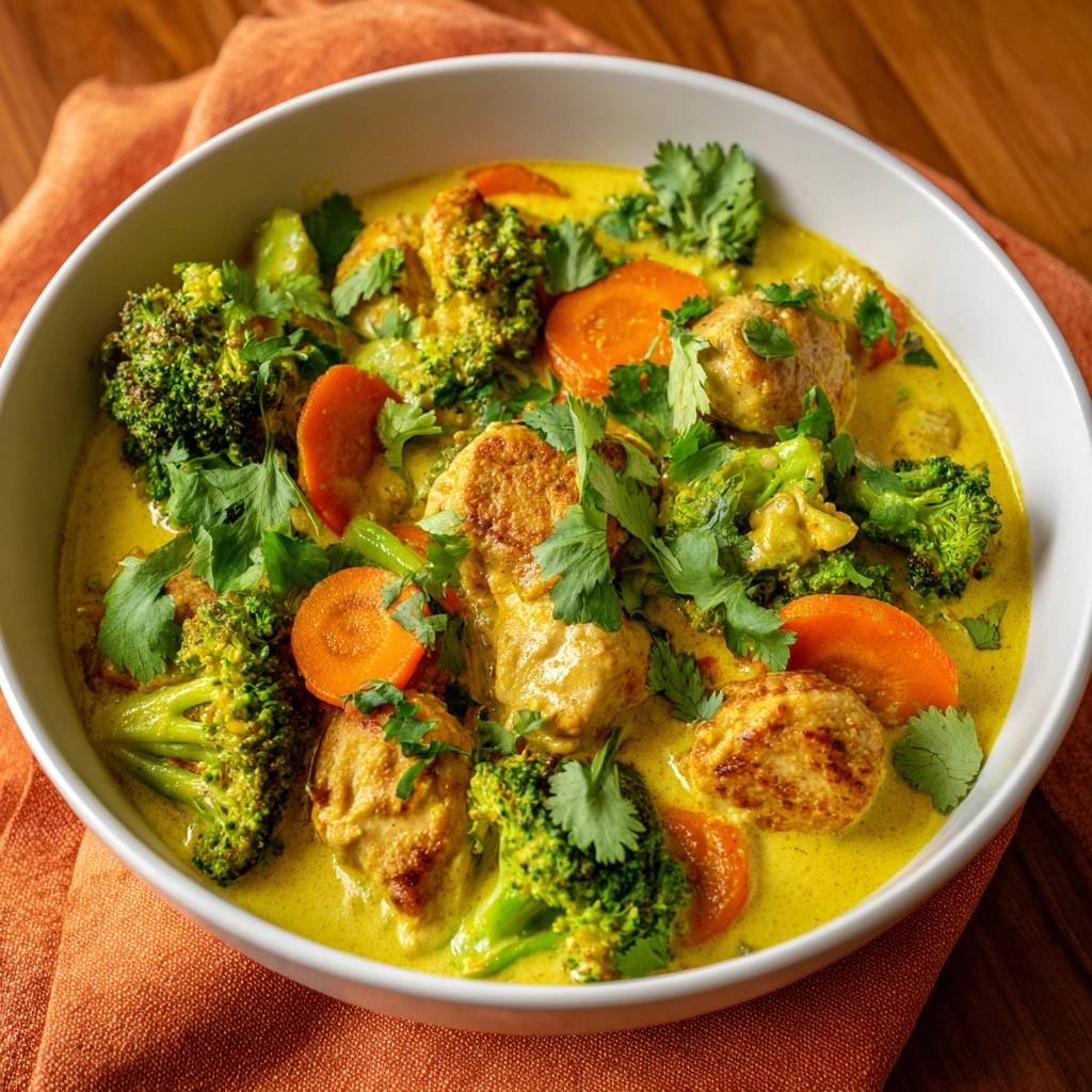 Golden chicken meatball yellow curry served in a white bowl, garnished with fresh cilantro and showing broccoli and carrots.