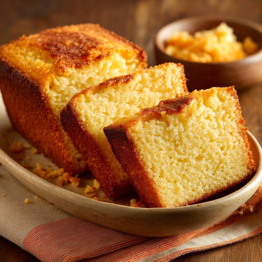 Golden cornbread, moist and tender, sliced to reveal its tender interior texture and golden crust.