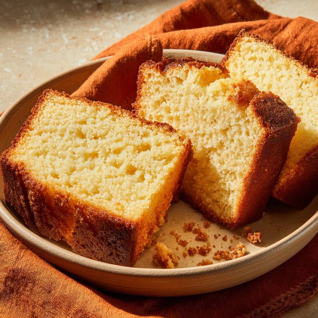 Golden cornbread sliced to reveal its moist and tender interior texture on a plate.
