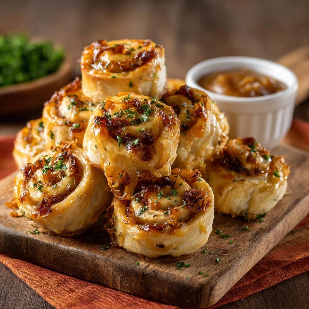 Gooey caramelized onion gouda rolls stacked in a pile, sprinkled with fresh parsley, served on a wooden board.