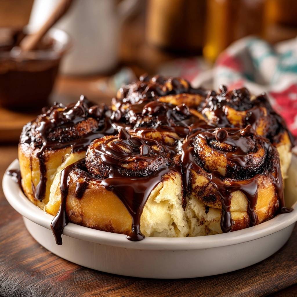 Gooey chocolate cinnamon rolls with Tangzhong fluff, generously drizzled with rich chocolate glaze and chocolate chips.