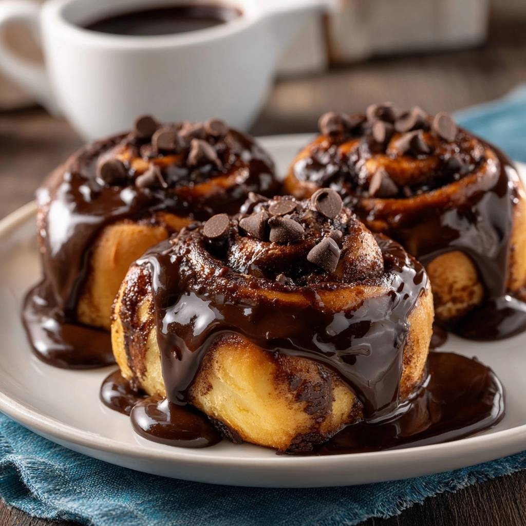 Gooey chocolate cinnamon rolls with tangzhong fluff, generously drizzled with chocolate glaze and topped with chocolate chips, served on a white plate.