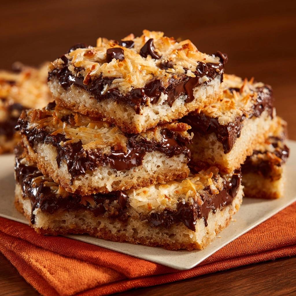 Gooey chocolate coconut bars recipe shown stacked in a close-up view with melted chocolate oozing out.