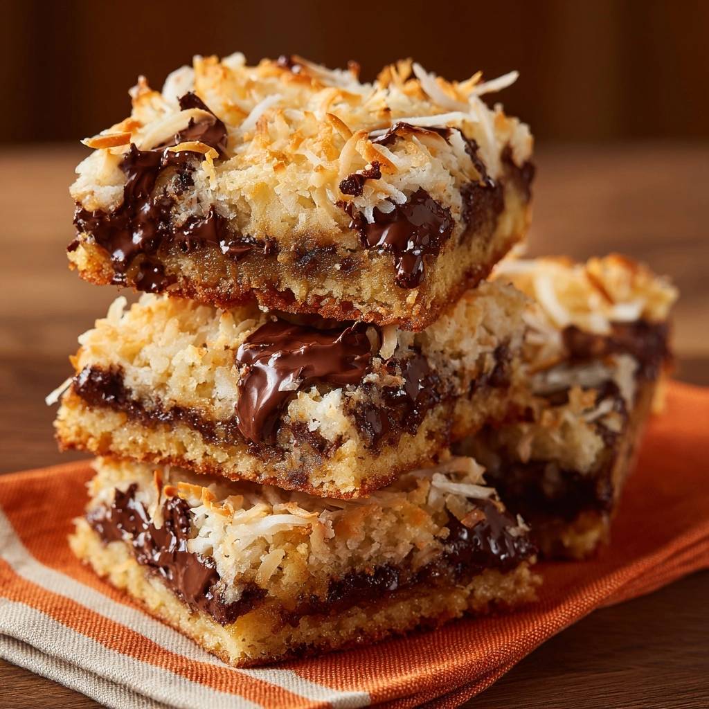 Gooey chocolate coconut bars recipe stacked high, showing rich chocolate filling and toasted coconut topping.