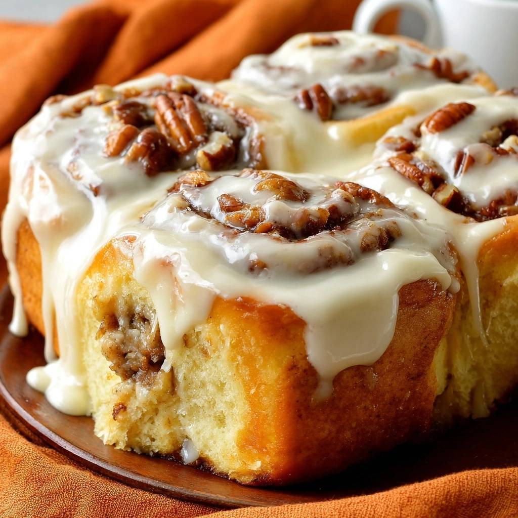 Gooey pecan cinnamon rolls with heavy cream secret, showcasing a close-up view of the thick, dripping glaze and toasted pecans.