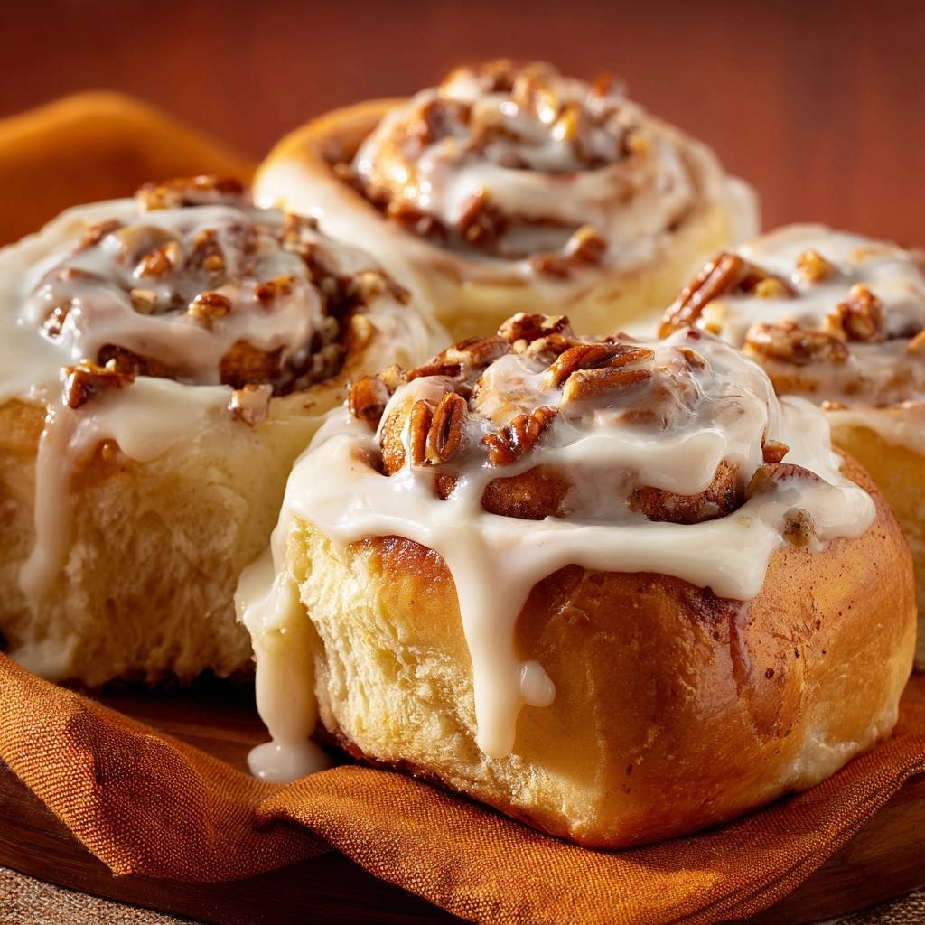 Gooey pecan cinnamon rolls with heavy cream secret, showcasing a close-up of the dripping white glaze and chopped pecans.