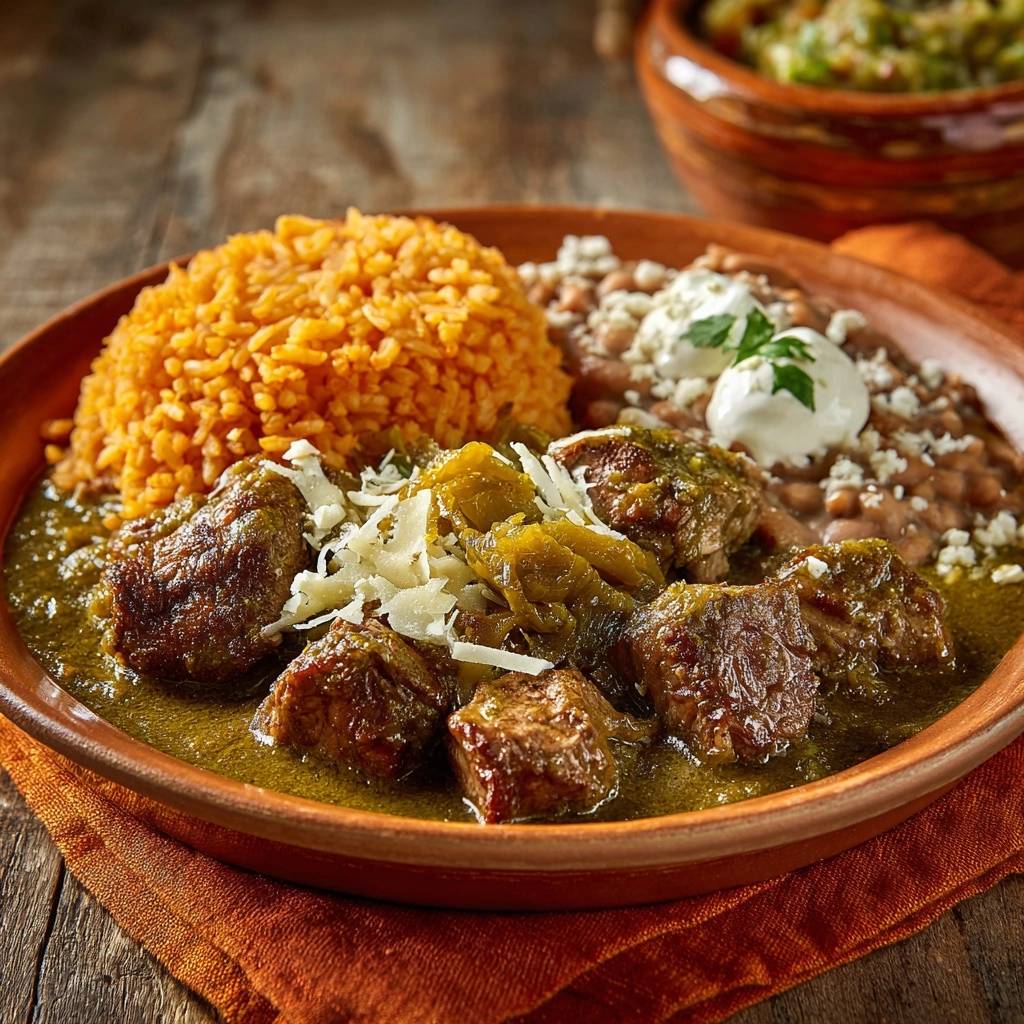 Green Chile Chicken Plate with tender meat cubes in sauce, served with rice and beans.