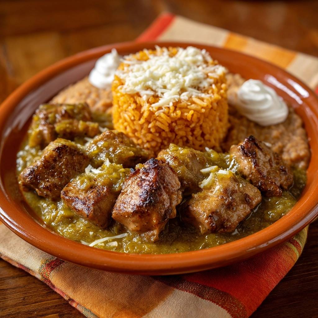 Green Chile Chicken Plate served with Mexican rice and refried beans in a close-up view.