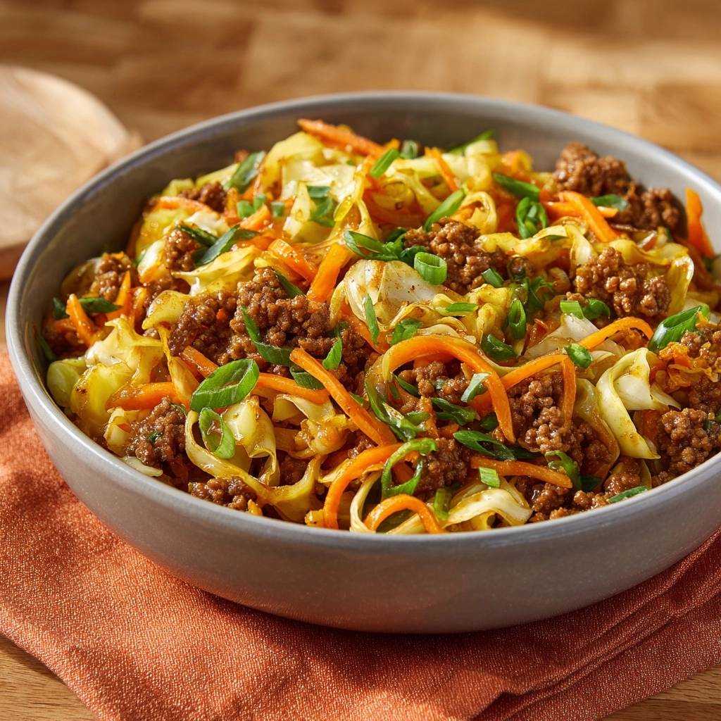 Ground beef cabbage stir-fry in a bowl, showing the texture of the ground beef and shredded cabbage with carrots and green onions.