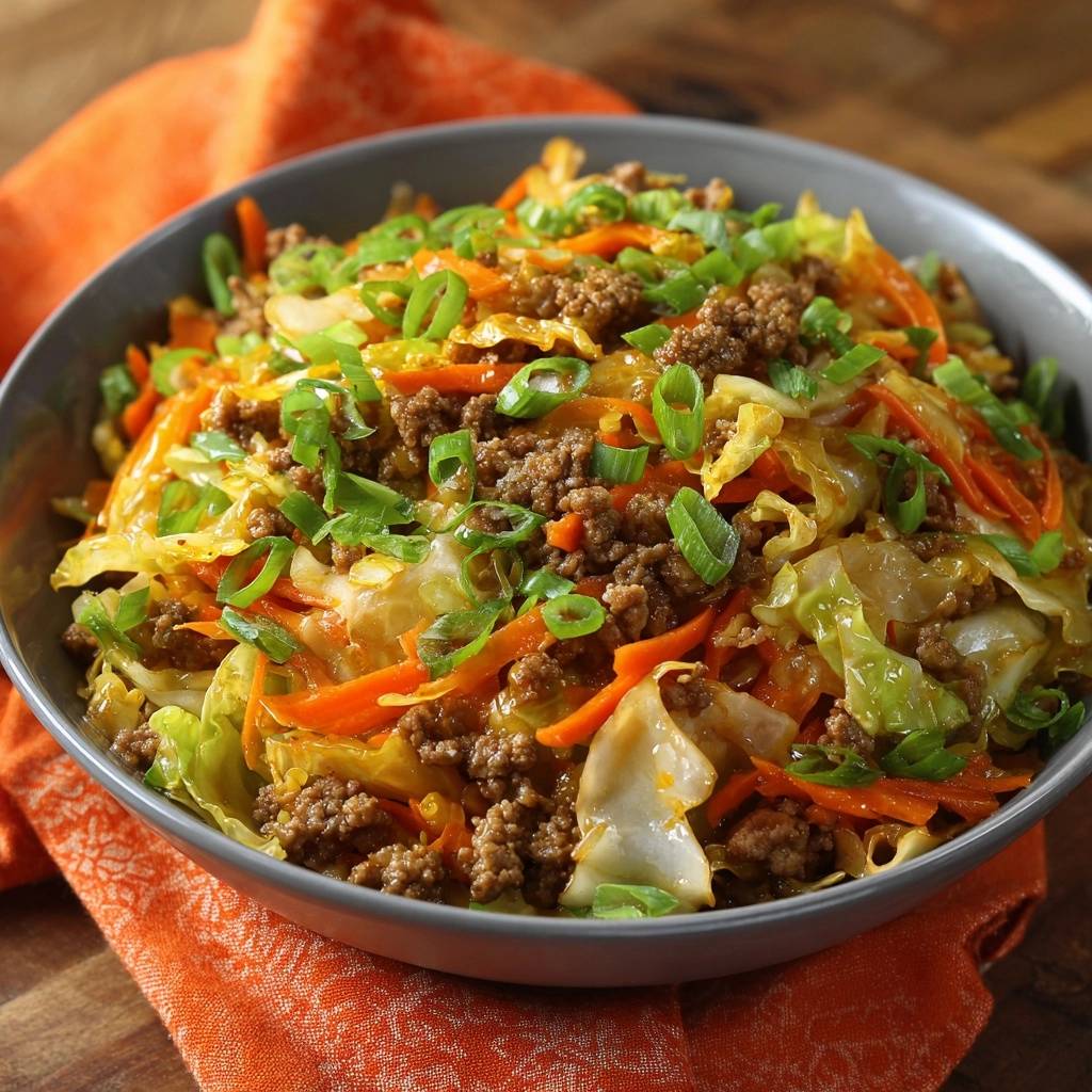 Ground beef cabbage stir-fry in a bowl, topped with fresh chopped green onions and a savory sauce.
