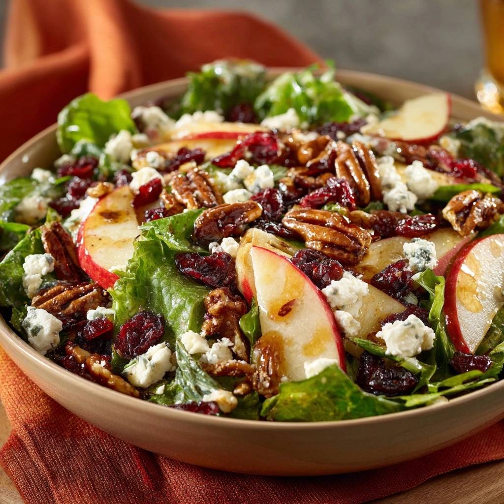 Harvest apple pecan feta salad recipe shown in a close-up view of a brimming bowl with fresh greens, apples, pecans, and feta cheese.