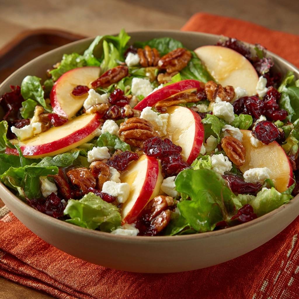Harvest apple pecan feta salad in a bowl, featuring sliced apples, pecans, cranberries, and feta cheese.