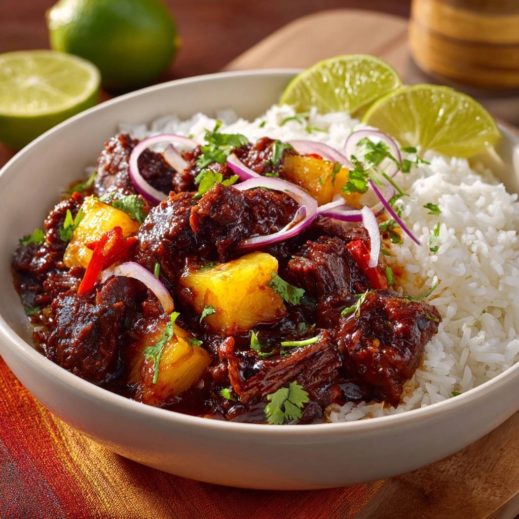 Hawaiian pineapple beef rice bowl garnished with red onion, cilantro, and lime wedges, showcasing tender beef chunks.