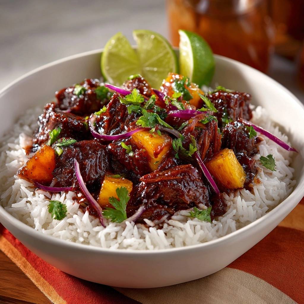 Hawaiian pineapple beef rice bowl with tender beef, pineapple chunks, and fresh cilantro garnish in a white bowl.