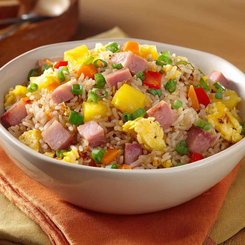 Hawaiian pineapple fried rice shown in a white bowl, featuring ham, pineapple chunks, scrambled egg, and green onions.
