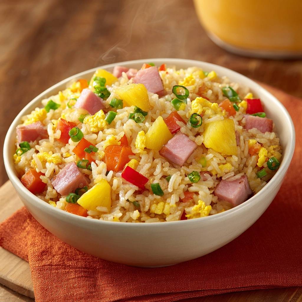 Hawaiian pineapple fried rice steaming in a white bowl, showcasing ham, pineapple, and scrambled eggs.