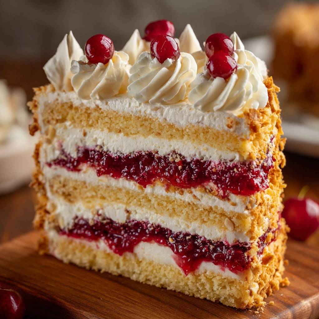 Hazelnut Cherry Torte showing a detailed cross-section of layers with cherry filling and whipped cream frosting.