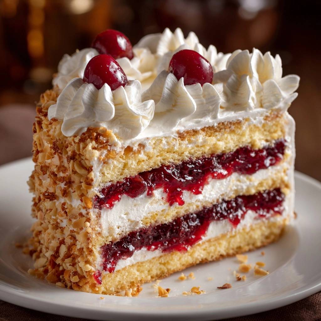 Hazelnut cherry torte cross-section showing layers of cake, cream, and cherry filling, coated in nuts.