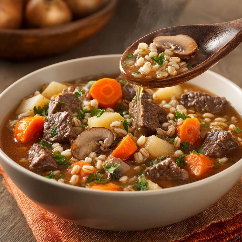 Hearty beef barley soup with a spoonful lifted, showing tender beef, mushrooms, and barley.