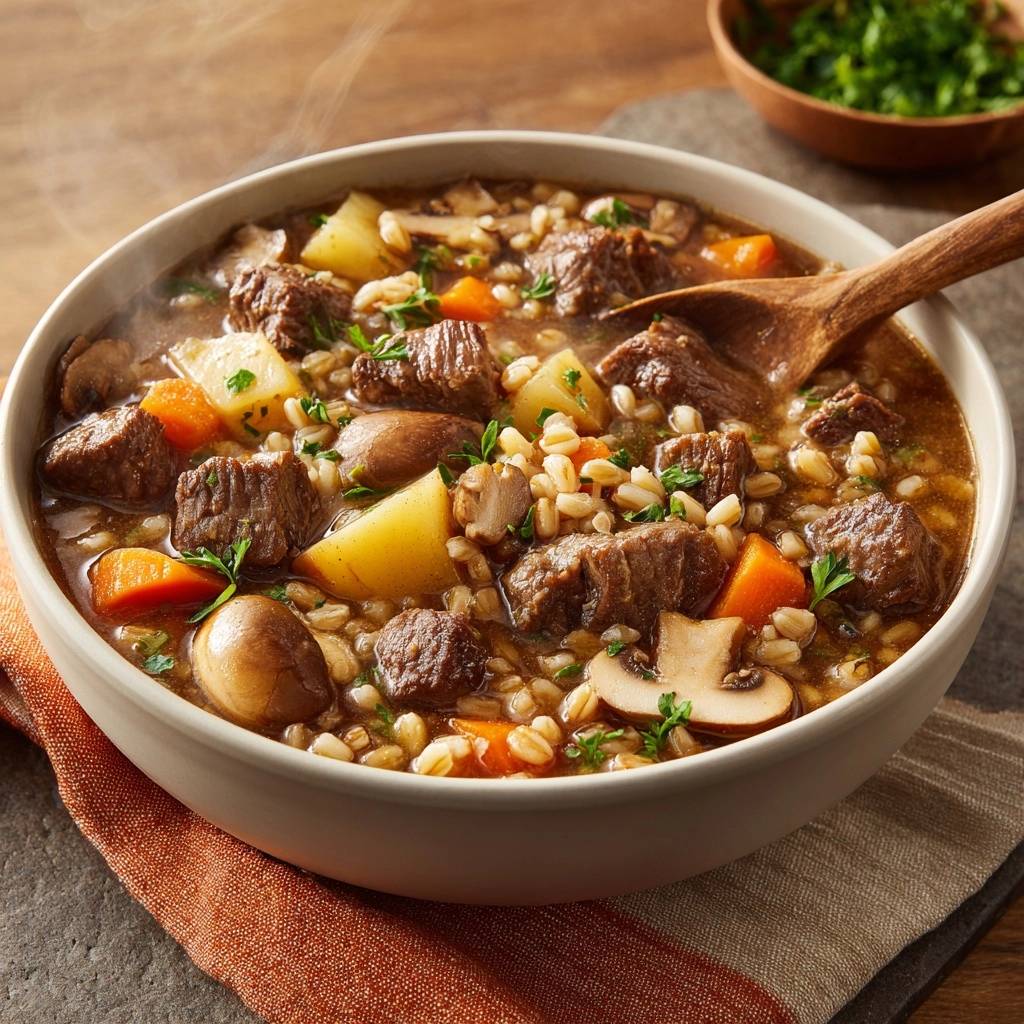 Hearty beef barley soup with tender beef, vegetables, and barley, served steaming in a bowl with a wooden spoon.