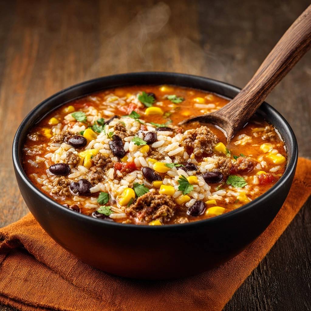 Hearty beef black bean corn rice soup in a black bowl with a wooden spoon, showing steam rising.