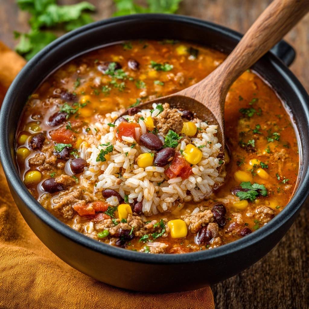 Hearty beef black bean corn rice soup with a spoonful lifted showing rice, beans, corn, and ground beef.