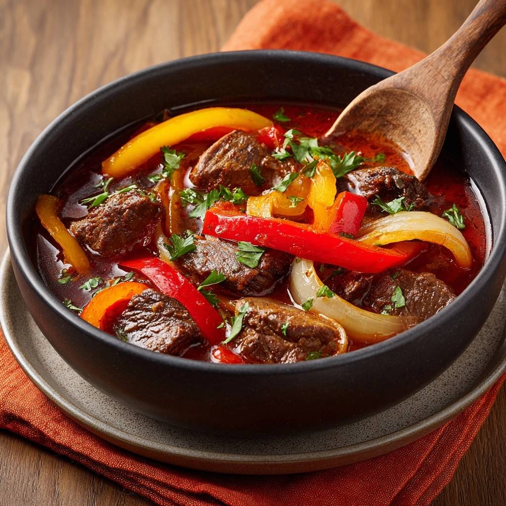 Hearty beef pepper stew shown in a black bowl, featuring tender beef chunks, red and yellow bell peppers, and onions, garnished with parsley.