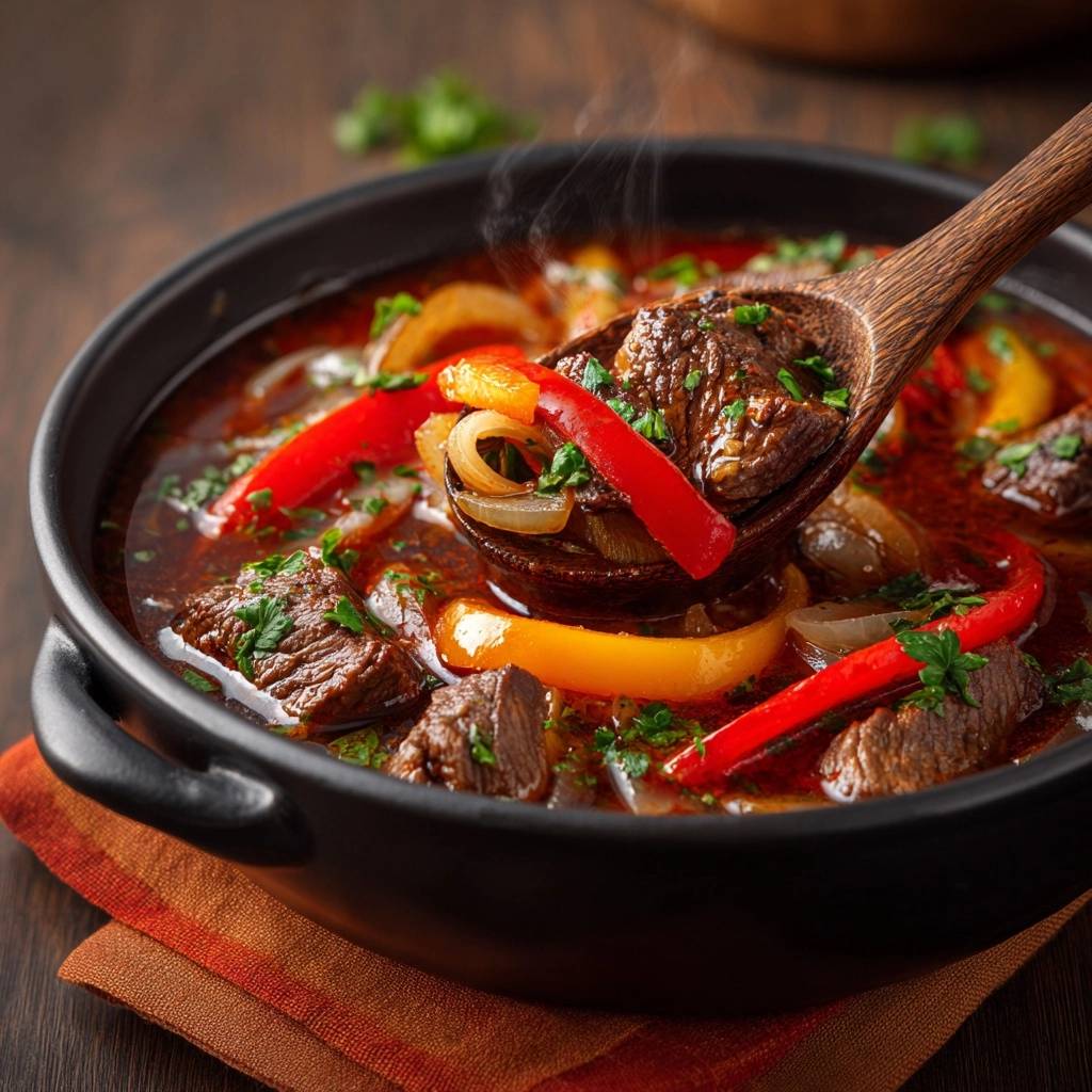Hearty beef pepper stew served in a bowl, with a wooden spoon lifting a generous spoonful filled with tender beef and colorful peppers.