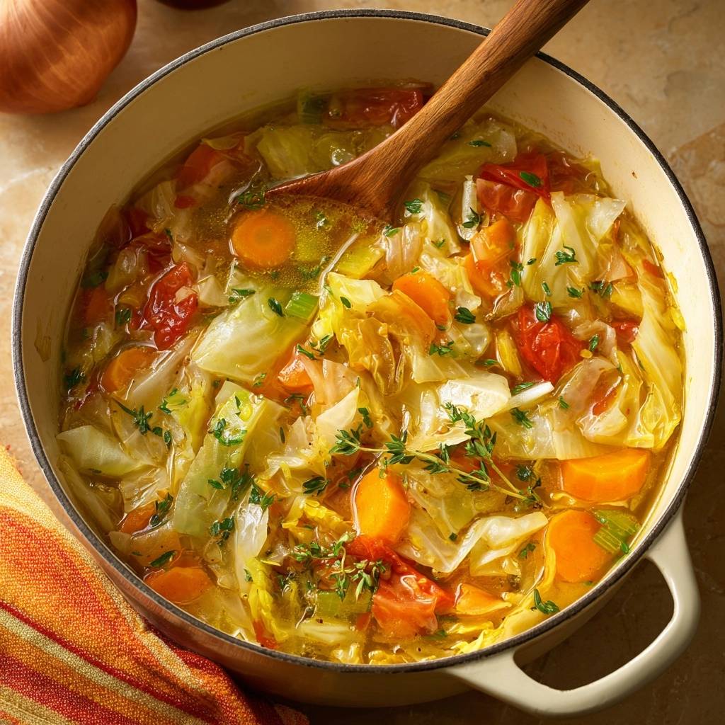 Hearty cabbage vegetable soup in a dutch oven with a wooden ladle, featuring carrots, tomatoes, and fresh herbs.