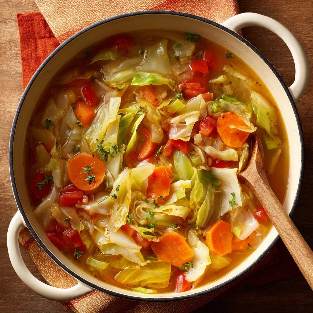 Hearty cabbage vegetable soup in a Dutch oven, featuring tender cabbage, carrots, and tomatoes in a rich broth.