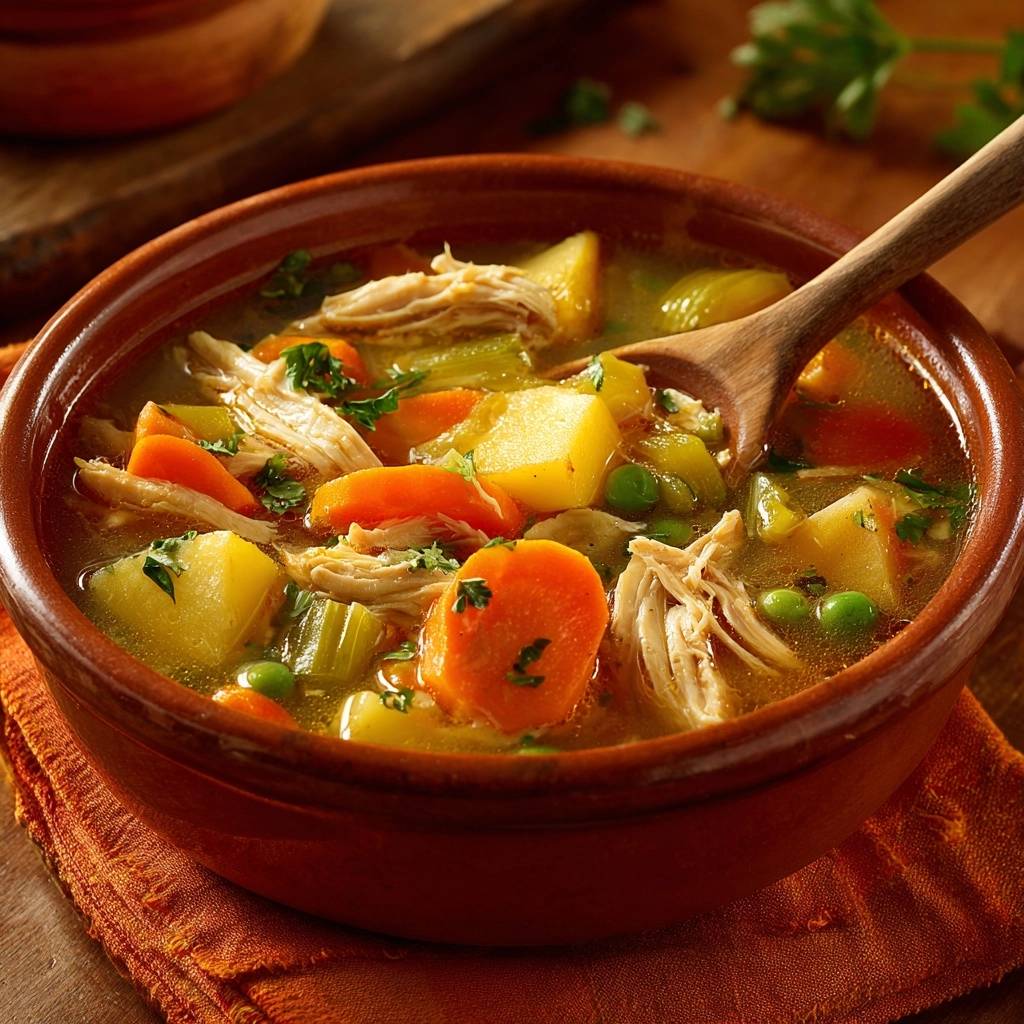 Hearty chicken vegetable soup with tender chicken and vegetables, a wooden spoon rests in the bowl.