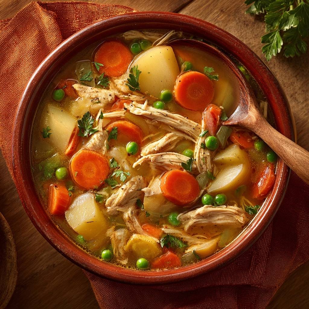 Hearty chicken vegetable soup with visible carrots, potatoes, and peas served in an overhead view of a rustic brown bowl.