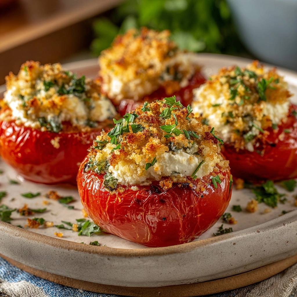 Herbed feta stuffed tomatoes are shown in a close-up view, highlighting the golden breadcrumb topping and fresh parsley garnish.