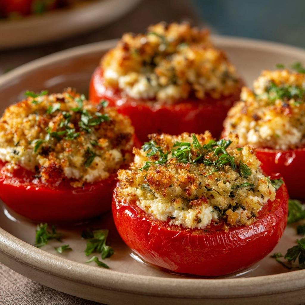 Herbed feta stuffed tomatoes are presented plated with a close-up view of the browned topping and fresh parsley garnish.