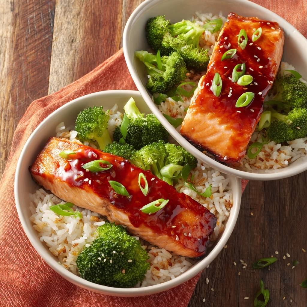 Honey soy glazed salmon rice bowls with broccoli shown in a close-up overhead view with sesame seeds and green onions.