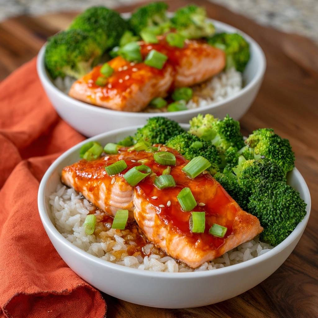 Honey soy glazed salmon rice bowls with broccoli served in two white bowls with a side view.