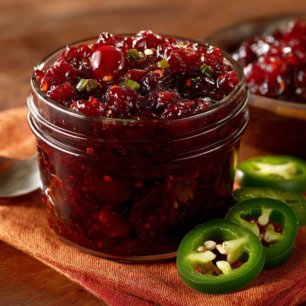 Jalapeño cranberry relish in a glass jar with fresh jalapeño slices on the side.