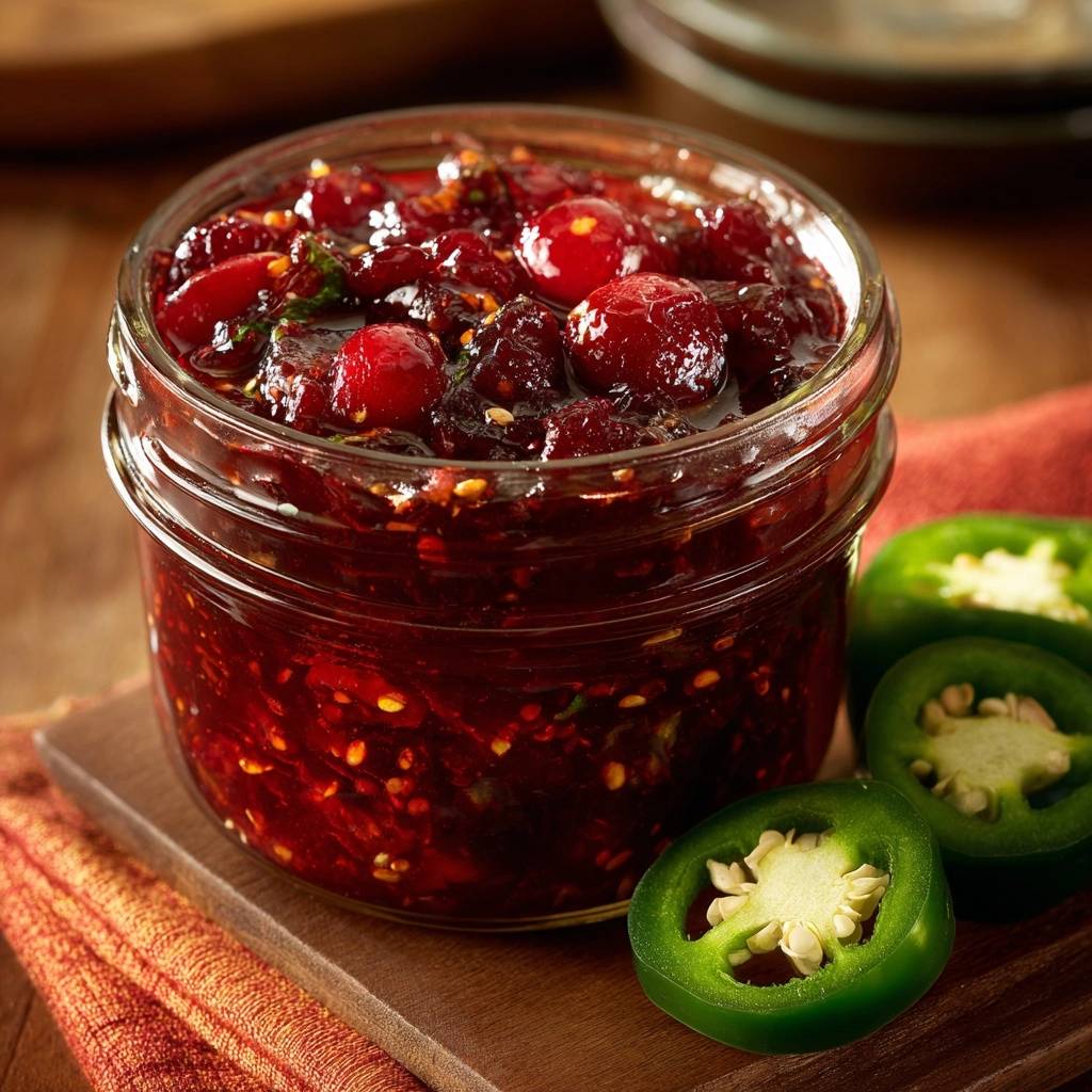 Jalapeño cranberry relish in a glass jar, showcasing its thick texture and whole berries with sliced jalapeños.