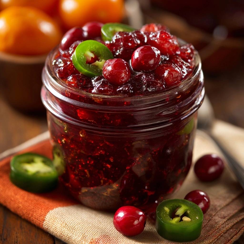 Spicy jalapeño cranberry sauce in a glass jar, featuring whole cranberries and sliced jalapeños as a garnish.